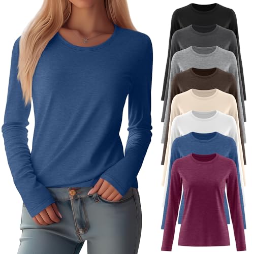 Oakgarden 8 Pack Womens Long Sleeve Shirts Casual Basic Tops