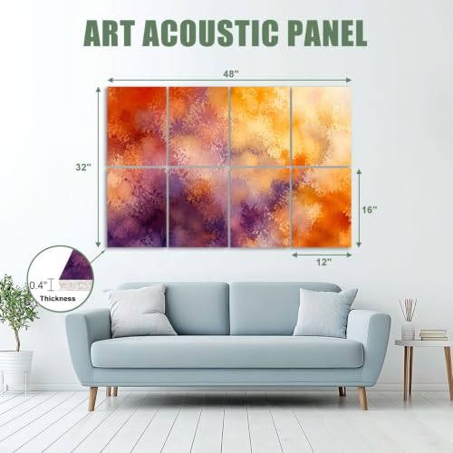 8 paneles acústicos decorativos autoadhesivos, 48x32 pulgadas, tonos vibrantes con diseño abstracto en acuarela, detalles en amarillo, naranja y púrpura miniatura 2