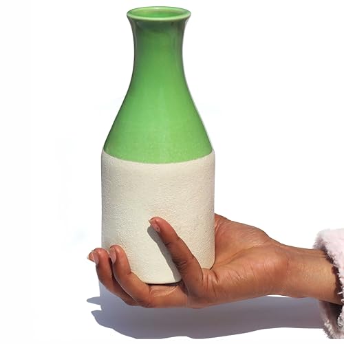 Image of Pure Source India Handcrafted Light Green Ceramic Bottle-Shaped Flower Vase (8 Inches) for Home Decor, Living Room, Gifting, Decorative Small Vase (Flower NOT Included)