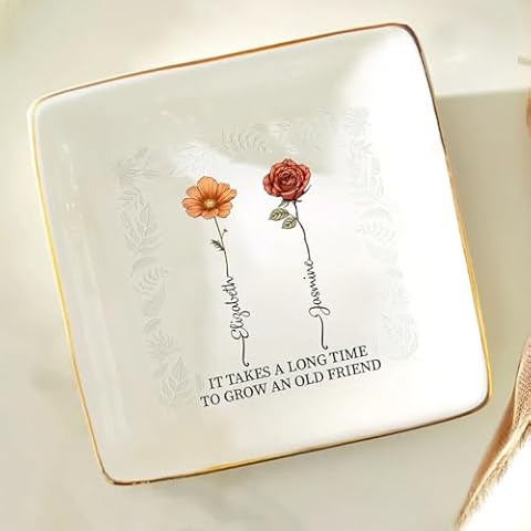 WANDER PRINTS Personalized Ring Dish - Gift for Besties - Lovely Jewelry Trays with Custom Names and Birth Month Flowers Jewelry Organizer - Gifts for Sisters and Friends - Grow an Old Friend Cover