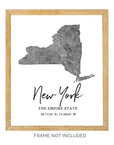 New York State Map Wall Art Print - 8X10 Silhouette Decor Print With Coordinates. Makes A Great Empire State-Themed Gift. Shades Of Grey, Black & White. #TOP2