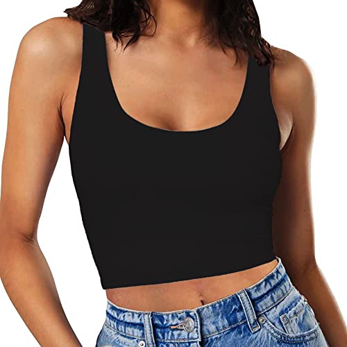 Image of Women's Sexy Sleeveless Crop Tops Double Layer Scoop Neck Cropped Tank Top
