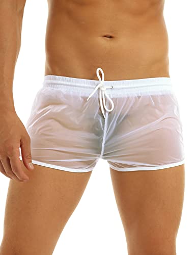 dPois Herren Transparent Boxershorts Locker Retroshorts Bikni Shorts Briefs Männer Kurz Hose Badeshorts Badehose Unterhose Unterwäsche Trunks in Schwarz Weiß Weiß M