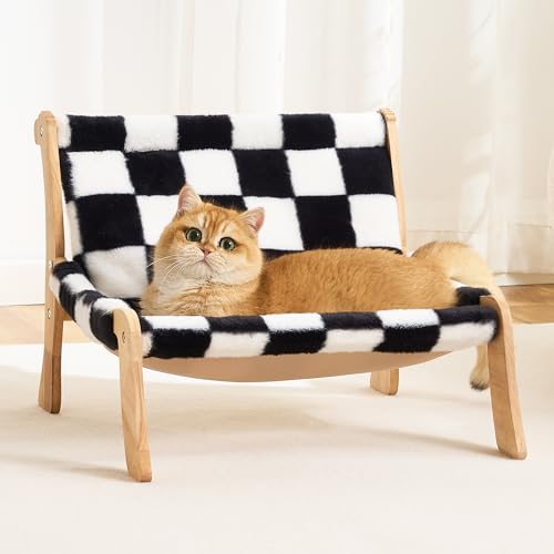 Kicari Solid Wood Cat Couch Bed for Indoor Cats, Modern Cat Sofa with Ultra-Soft Plush Surface Washable, Reclined Backrest, Elevated Plush Cat Lounge for Small to Adult Cats, Black & White