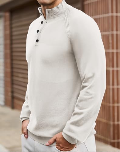 Mens Stand Collar Pullover Sweater Casual Button Closure Raglan Sleeve Ribbed Stitching Knit Textured Sweater3