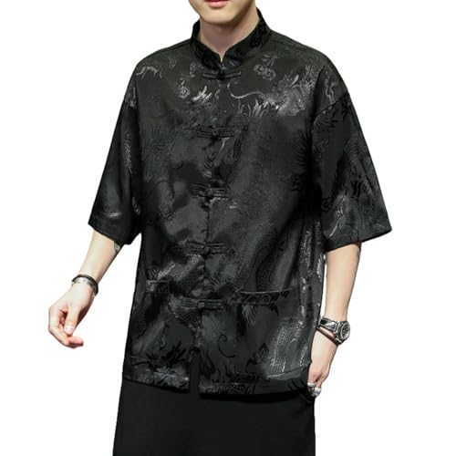 Camisa Tang para hombre en seda de hielo con cuello alto y corte holgado casual