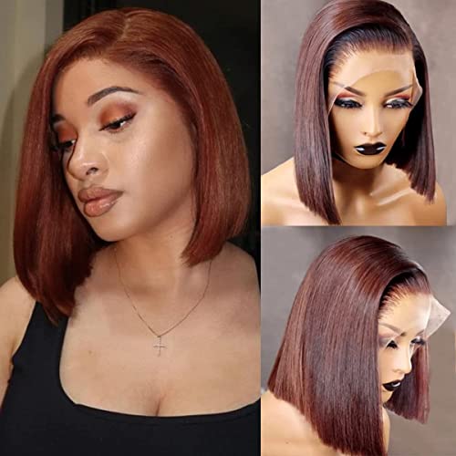 13X4 Reddish Brown Bob Wigs Lace Front Human Hair Copper Red Short Bob Wigs 150% Density Blunt Cut Pre-Plucked Bleached Knots #33B Auburn Brown Lace Frontal Wig Straight Brazilian Virgin Hair Wig 12 Inch #TOP1