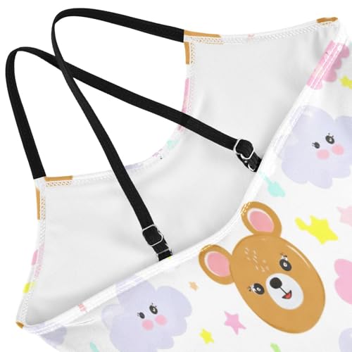 Cute Cartoon Bears Clouds White One Piece Girls Swimsuit with Adjustable Shoulder Strap, Beach Swimsuit, 3-104