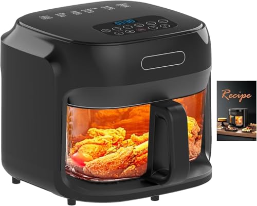 Image of Glass Air Fryer, 7.8QT with Transparent Fry Bowl, Circulating Heating, Temperature Control, Air Fryer Roast, Dishwasher Safe (Black)