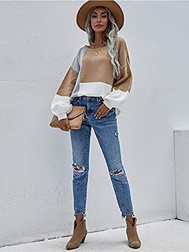 Image of ECOWISH Women Sweater Long Sleeve Color Block Knit Pullover Sweaters Crew Neck Patchwork Casual Loose Jumper Tops