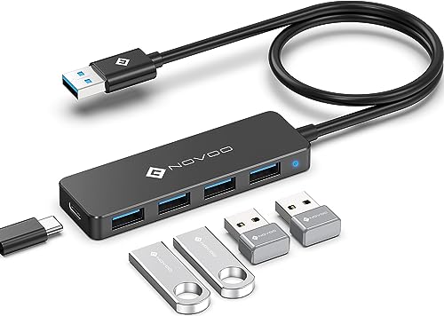 NOVOO Ultra Slim USB Hub 3.0 with 600mm Extended Cable 4 High-Speed Ports, 5Gbps Data Transfer, USB Adapter 5V/2A Power Supply Port, USB Splitter Compatibility for Desktop PC, Laptop, Mobile HDD