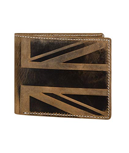 Hudson & James Designer London Real Distressed Leather Mens Wallet with Zip Coin Pocket Credit Carder Holder Bifold Purse UK Union Jack (Brown)