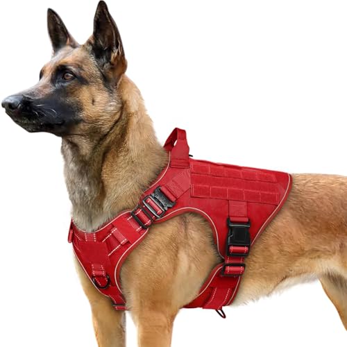 rabbitgoo Upgraded Tactical Dog Harness for Large Dogs, Reflective Heavy Duty Pet Harness with Handle, No-Pull Service Vest, Adjustable Military Vest for Training Hunting Walking, Red, L