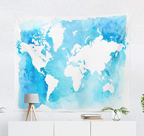 Summor Wall Tapestry, Wall Hanging Tapestry Vintage Tapestry White Map World Blue Tapestry Watercolor Color Water 60X60 Inches For Living Room Wall Decor Bedroom #TOP1