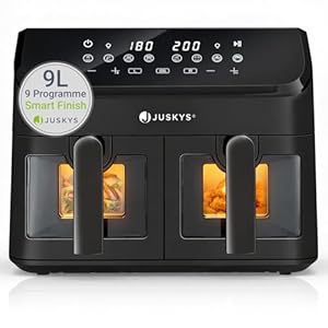 Juskys® Airfryer 9 L Doppelkammer – Heißluftfritteuse 2 Kammern, 9 Programme, beschichtet, XXL Fritteuse
