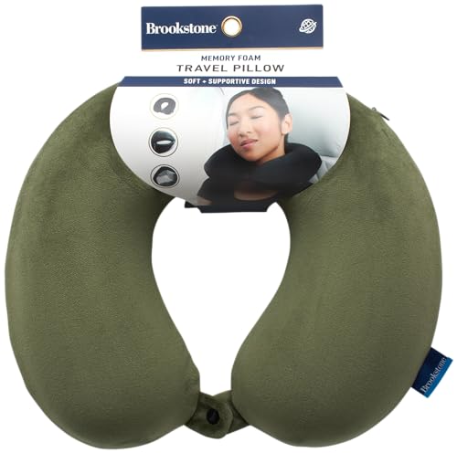 Image of Brookstone Travel Neck Pillow - Lightweight U-Shaped Memory Foam Travel Pillow for Airplane, Car Travels & Sleeping, Olive
