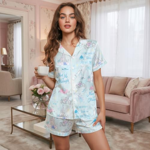 Image of Women 2PCs Satin Pajama Set Short Sleeve Silk Feel Gift Sleepwear