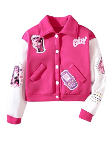 WDIRARA Girl's Color Block Graphic Bomber Jacket Button Down Varsity Jackets Long Sleeve Outerwear