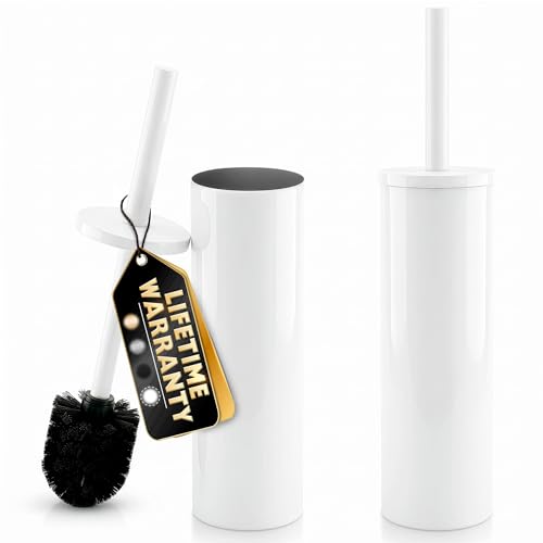 Image of Stainless Steel Toilet Brush and Holder Set White - Long Handle Toilet Bowl Cleaner Brush and Holder - Removable Inner Liner, Shiny Design, Splash Protection & Dense Bristles for Bathroom Cleaning