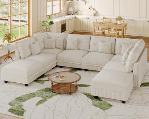 Image of LLappuil 112 inch Modular Sectional Sofa with Storage, U Shaped 8-Seat Pet-Friendly Corduroy Couch with 8 Throw Pillows, Convertible Sofa Set for Living Room & Apartment, Scratch Resistant, Beige