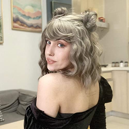Synthetic Curly Bob Wig with Air Bangs linen grey Shoulder Length Women's Short Wavy Cosplay Wig Silver Gray Wig for Girl Halloween Costume Wigs(12-linen grey)