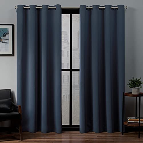 EXCLUSIVE HOME Sateen Twill Woven Room Darkening Blackout Grommet Top Curtain Panel Pair, 52"x84", Vintage Indigo