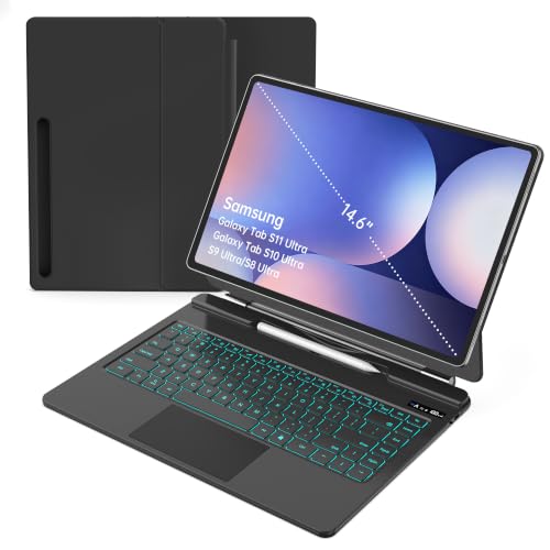 Aioopro Keyboard Case for Samsung Galaxy Tab S11/S10/S9/S8 Ultra 14.6 Inch Floating Magnetic Cantilever Stand Multi-Touch Trackpad Backlit Keyboard (7 Colors) S Pen Holder Dex Mode AI Key Black