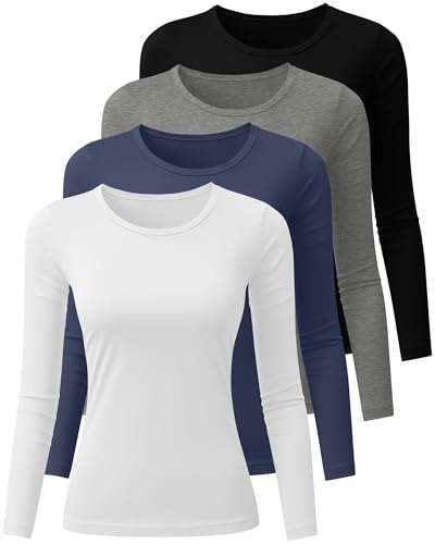 Neer 4 Pack Women's Long Sleeve Shirts Underscrub Crew Neck Slim Fit Undershirts Stretchy Casual Tight Tops(Haze Blue, White, Light Gray, Black,X-Large)