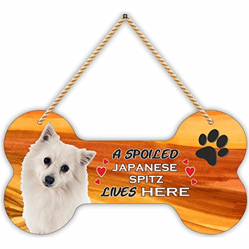 Image of CVANU Laser Cut MDF Wooden Cute Dog Plaque Bone Design A Spoiled Japanese SPITEZ Lives Here Animal Love Sign Board, Name Plate for Dog House White, Size(10x5) inch
