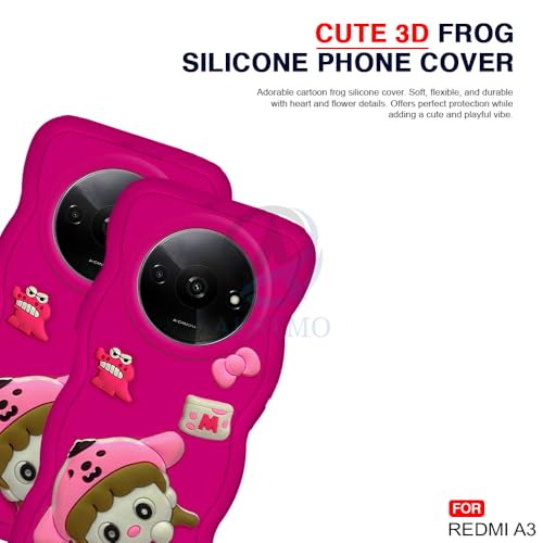 Image of AESTMO Back Case Cover for Redmi A3 | 3D Cute Fun Cartoon Characters | Anti Slip Grip Cute Wave Curly Frame Shape | Full Body Protection Back Cover for Redmi A3 |(Pink)