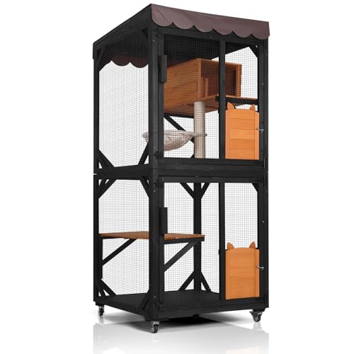 Image of GUTINNEEN Catio Outdoor Cat Enclosure on Wheels - Outside Kitty House with Upgraded Resting Box, PVC Layer, and Waterproof Roof - 71.9 inch Black