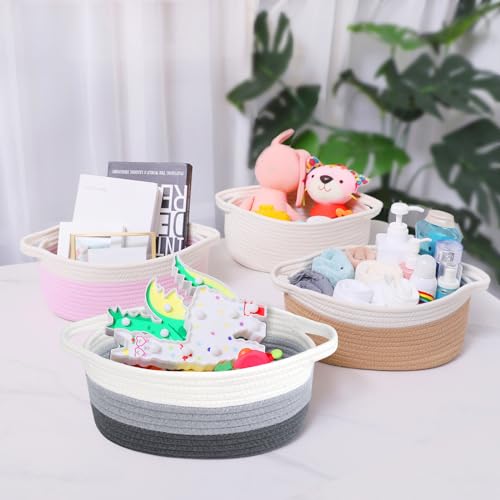 Image of ABenkle Small Basket with Handles, Boho Decorative Rope Woven Dog Cat Toy Storage Bin Shelf Storage Organizer, Easter Christmas Gift Basket, 12 inchx8 inchx5 inch