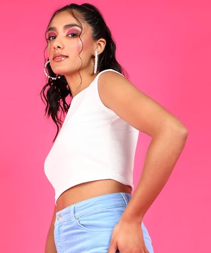 Image of POPWINGS Casual Self-Design Round-Neck Sleeveless Crop Top for Women || Summer Wear Crop Tops for Women || Stylish Western Regular Wear Women Crop Tops