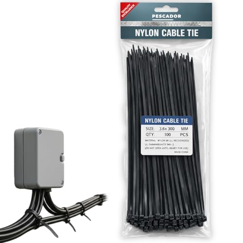 PESCADOR 100pcs Cable Ties Heavy Duty Nylon Zip Ties Self Locking for Wire & Management Heat Resistant Anti-Slip Cable Organizer for Electrical PC Network Cables Indoor Outdoor (Black 3.6x300mm)