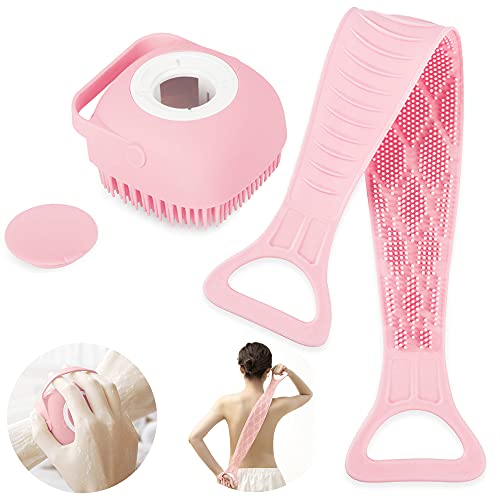 2 Pcs Silicone Bath Body Back Brush+Silicone Shower Brush with Soap Dispenser,Ultra Soft Exfoliating Silicone Body Scrubber, Easy to Clean, Lathers Well, Eco Friendly, Long Lasting（Pink）