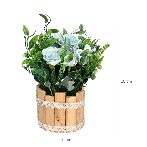 Image of Cortina Wooden Pot Straw Combination | Home Decor Items for Living Room Balcony Kitchen Bedroom Office Table Top Decoration - Light Blue, 20X10