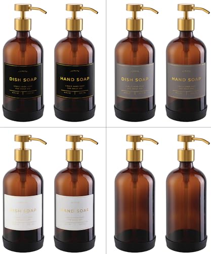 Image of Hand and Dish Soap Dispenser for Kitchen and Bathroom, Set of 2 16 Oz Glass Bottles, Stainless Steel Pumps, Non-Slip Silicone Base, 27 Waterproof Labels (Amber Bottle /Brushed Gold Pump)