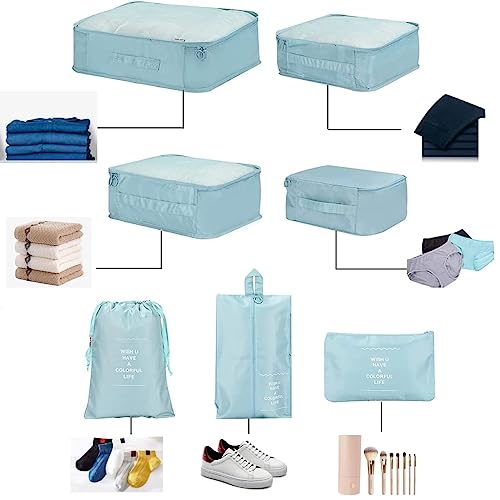 Image of Apophis Travel Organizer 7 in 1 Travel Laundry Cosmetics Luggage Packing Organizers Set Makeup Bags Organizer Packing Cubes with Shoe Bag for Travel, Nylon (Sky Blue)