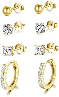 925 Sterling Silver Stud Earrings for Women Girls, Hypoallergenic Silver Hoop Earrings and Stud Earrings Set, 4 Pairs Small Cubic Zirconia Sleeper Earrings Cartilage Earrings for Multiple Piercings