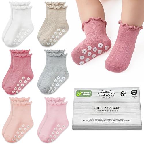 Mothers Choice Organic Cotton Ruffle Baby Socks 6 Pairs Non Slip Socks For 6M To 5Y Toddlers With Soft Fabric For Daily Use (US Age 1 Year 3 Years Rainbow)