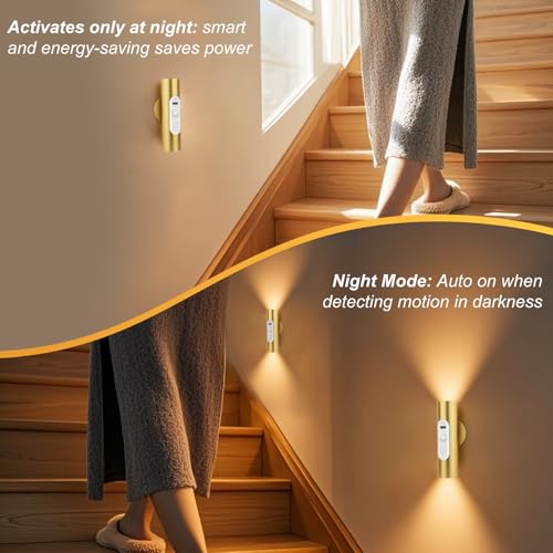 Image of Rechargeable Motion Sensor Wall Sconces 2 Pack with Remote ＆ Dimmer | Magnetic Peel and Stick Sconces, 3 Color Modes, Wireless Up and Down Aluminum Wall Lights for Bedroom, Hallway Night Light