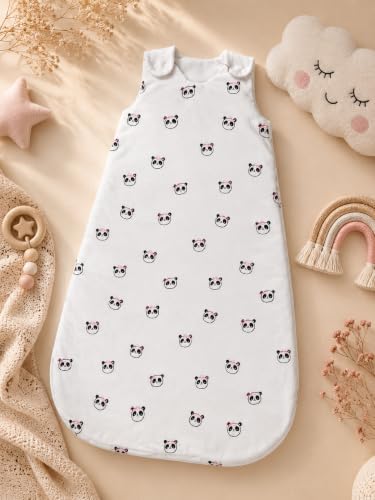 Image of TuddyBuddy Baby Cotton Wearable Quilted Sleeping Bag Blanket 1.5 Tog with 1 Way Zipper Closure | Ideal for Babies & Kids Hypoallergenic Fabrics | (Panda with Hair Bow - Off White, 12-18 Months)