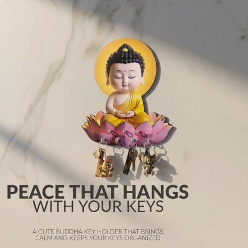 Image of Buddha Key Holder for Wall - Cute Meditating Buddha on Lotus Wooden Key Hanger with Multiple Hooks - Wall Mounted Key Stand & Entryway Organizer for Home Decor, Gift