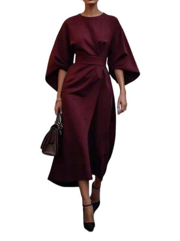 UOOZEE Women's Elegant Formal 2025 Summer Dress Puff Sleeve Crew Neck A Line Business Work Office High Waist Dresses