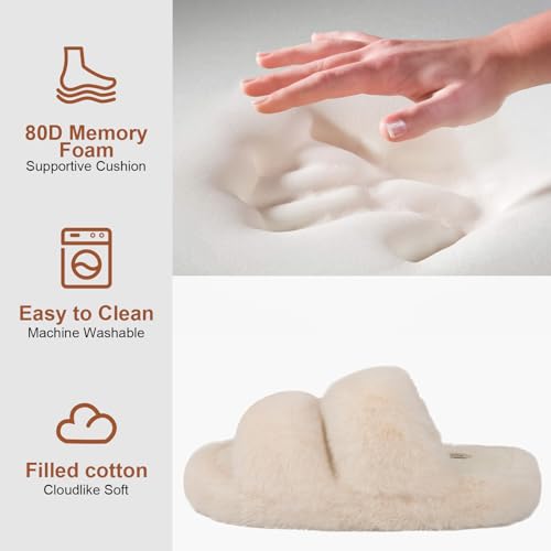 FamilyFairy Women's Fluffy Faux Fur Slippers Comfy Open Toe Two Band Slides with Fleece Lining and Rubber Sole4