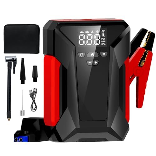 Jump Starter with Air Compressor, 4000A Peak Car Battery Jump Starter Portable (up to 10L Gas or 8.5L Diesel) with Tire Inflator, Emergency LED Light, Leather Storage Bag