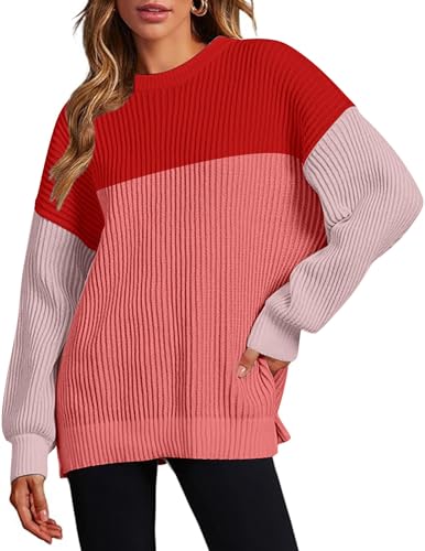 Image of Zeagoo Women 2026 Fall Lightweight Oversized Sweater Crew Neck Long Sleeve Color Block Pullover Rib Knit Blouse Tops XS-2XL