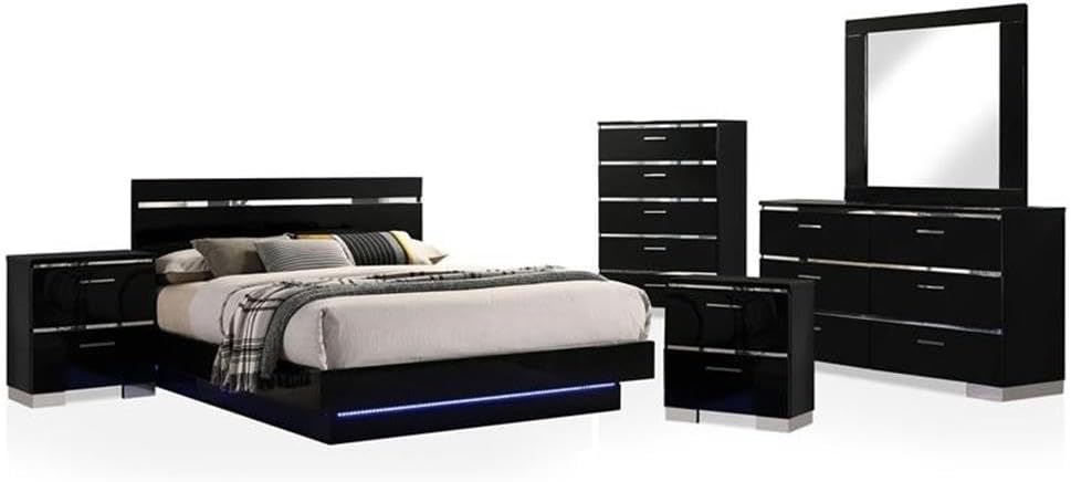BOWERY HILL 6-Piece Wood Bedroom Set, Queen Bed with Slats, 2 Nightstands, Chest, Dresser, Mirror, Black Finish with Chrome Accents, LED Lighting, Ample Drawer Storage, Modern Platform Design,