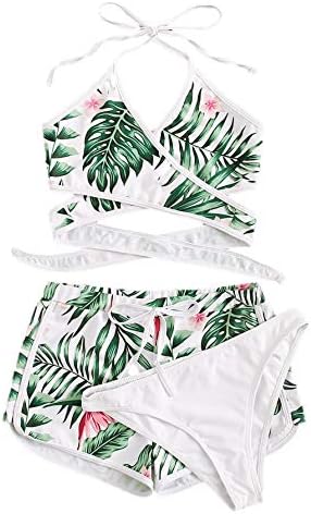SweatyRocks Women's Leaf Print Wrap Halter Top with Shorts 3pack Bikini Set Green S