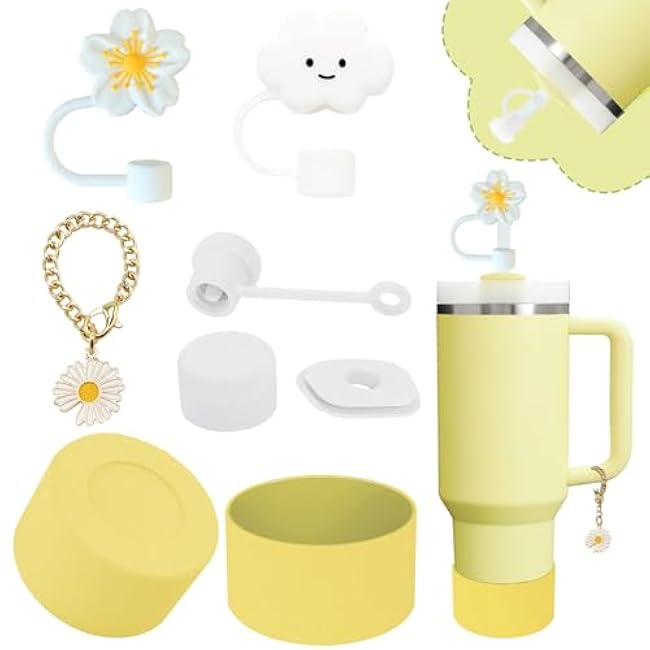 Stanley Cup Accessories Set,Including 2 Pcs 0.4in Straw Cover, 1 Silicone Spill-Proof Stopper Set of 3, 1 Cute Flower Handle Charm, 1 Silicone Boot Fits Stanley 40&30 Oz Tumbler (Cream)